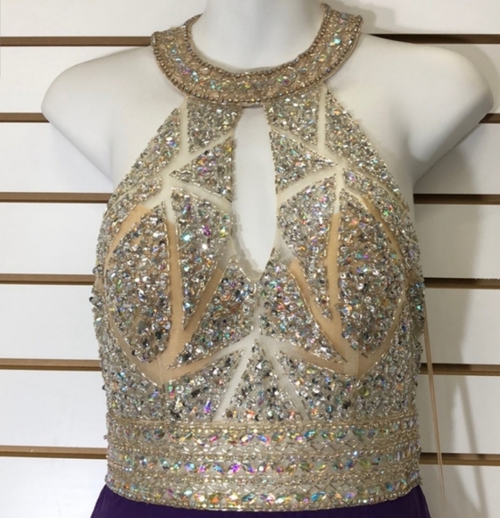 Nye Purple Illusion Jeweled Prom Halter Dress Gown 4